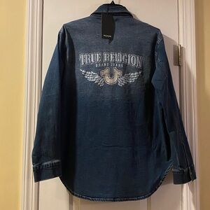 True Religion Cotton Stretch Denim Glitter Logo Button Down Shirt NWT